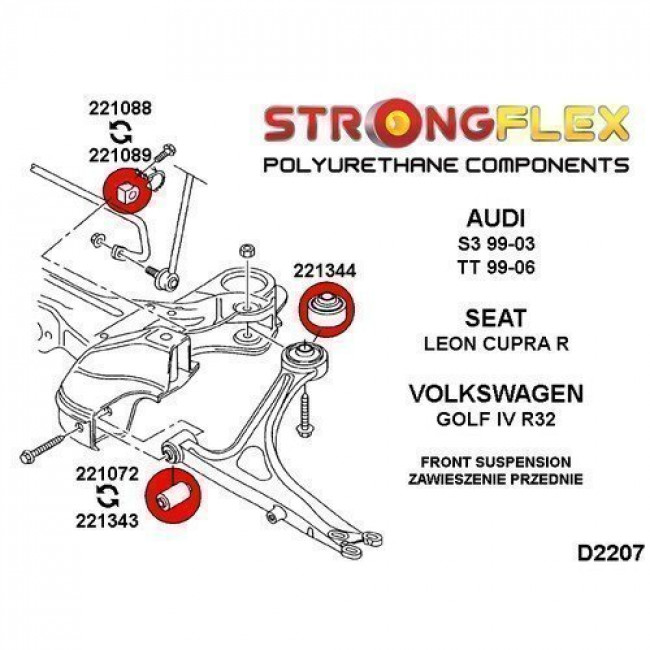 Σινεμπλόκ Πολυουρεθάνης εμπρός ψαλιδιού Strongflex - Audi A3 S3 (8L) , TT (8N) / Seat Leon (1M) / VW Golf 4 - Φ45mm - (221343B)