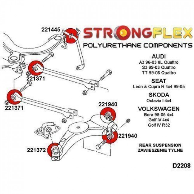Σινεμπλόκ Πολυουρεθάνης Πίσω Κάτω Ψαλίδι Strongflex Audi Α3 (8L) & S3, TT (8N) Quattro / Seat Leon (1M) 4x4   - 90ShA- 1 Τμχ. - (221940A) (1J0505365N)
