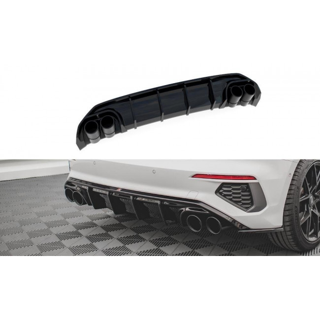 Πίσω διαχύτης + εξάτμιση (μπουκάκια) Audi A3 S-Line Sportback 8Y - Μαύρο Γυαλιστερό με Ασημένιες Μπούκες (AU-A3-8Y-SLINE-RS1G+CHROME)