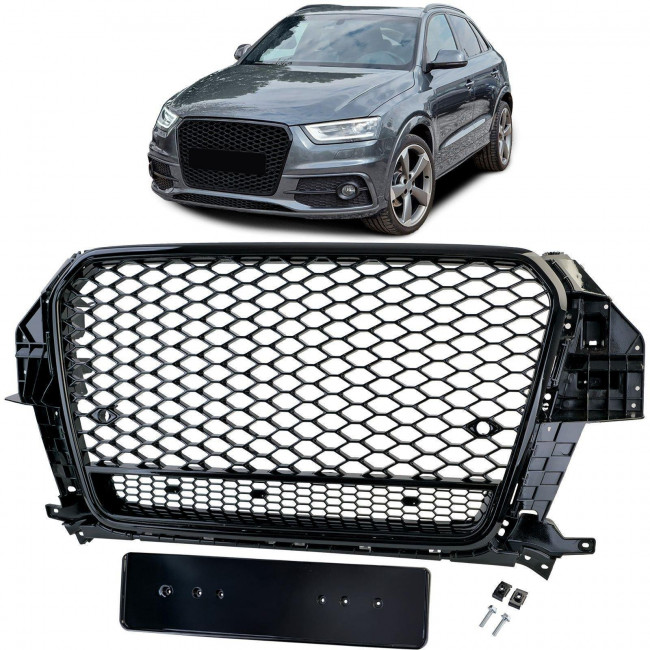 Μπροστινή Μάσκα / Sport Grill Audi Q3 8U (2011-2015) - με Βάση Πινακίδας - Μαύρο Γυαλιστερό (CP-43650)