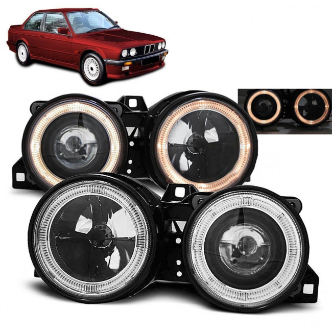 Μπροστινά Φανάρια Σετ Angel Eyes BMW Σειρά 3 Τύπου E30 - Coupe / Sedan (1987 - 1991) - Φιμέ - 2 Τεμ.