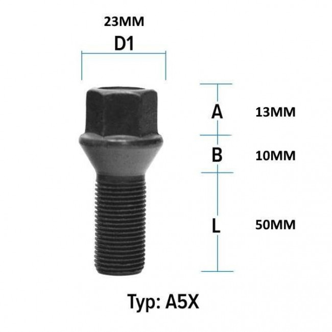 Μπουλόνι Τροχού M14x1,25 / Κωνικό 60° / Κλειδί: 17 / Μήκος: 50mm / Μαύρο - 1 Τμχ. (M1425KE50W)