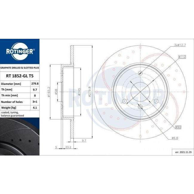 Rotinger Δισκόπλακες Graphite Line Τρυπητές & Χαρακτές Plus για Smart Fortwo [280mmX38mm] - 1 Τμχ. - (RT 1852-GL T5)